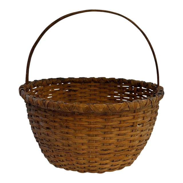 Large Antique American Split Hickory Gathering Basket With Bentwood Handle For Sale