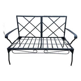 Vintage Mid-Century Wrought Iron Outdoor Patio Loveseat With Cushions For Sale