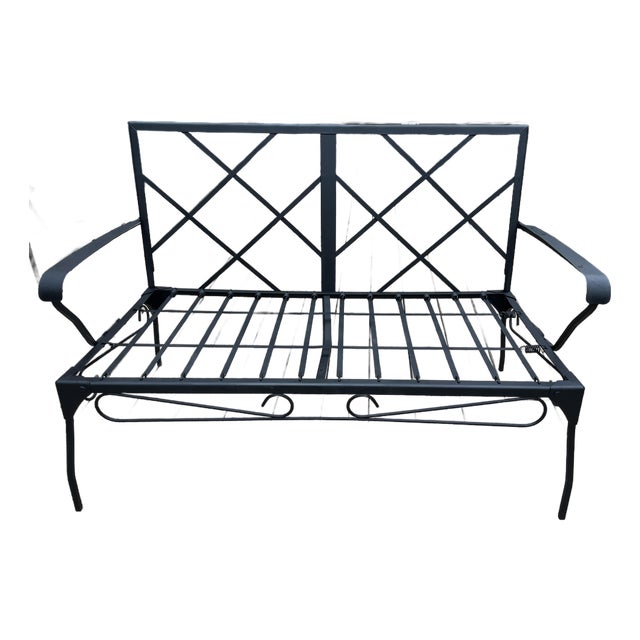 Vintage Mid-Century Wrought Iron Outdoor Patio Loveseat With Cushions For Sale