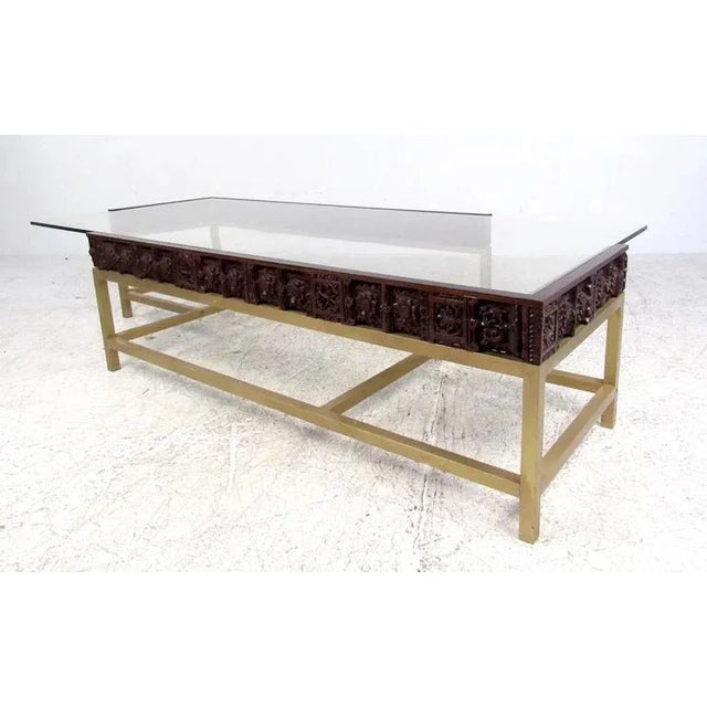 Brown Vintage Modern Glass and Carved Wood Coffee Table For Sale - Image 8 of 8
