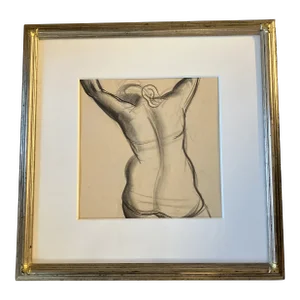 1950’s Original Female Nude Charcoal Study Drawing Finished Corner Frame