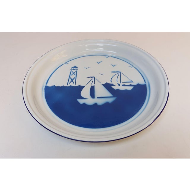 Large blue and white enameled metal tray/platter by Old Na.vy Supply Co. (China, ca. 1980s). Appealing coastal/sea theme...
