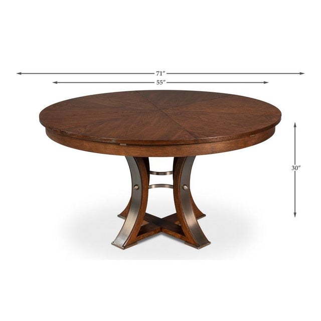 Transitional Round Dining Table, Medium - Warm Brown Oak With Hammered Iron Accents For Sale - Image 11 of 11