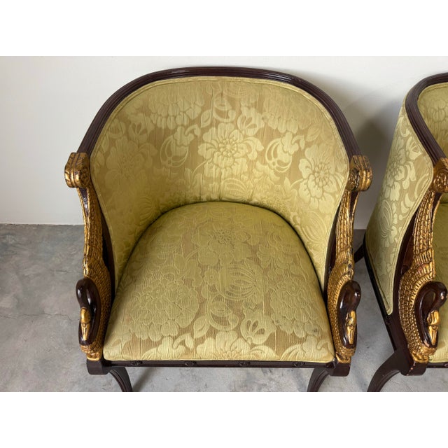 Brown Vintage Neoclassical Style Carved Swan Barrel Back Upholstered Lounge Chairs – A Pair/ Sold For Sale - Image 8 of 12