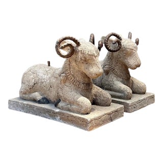 Vintage Plaster and Metal Ram Sculptures - Pair For Sale