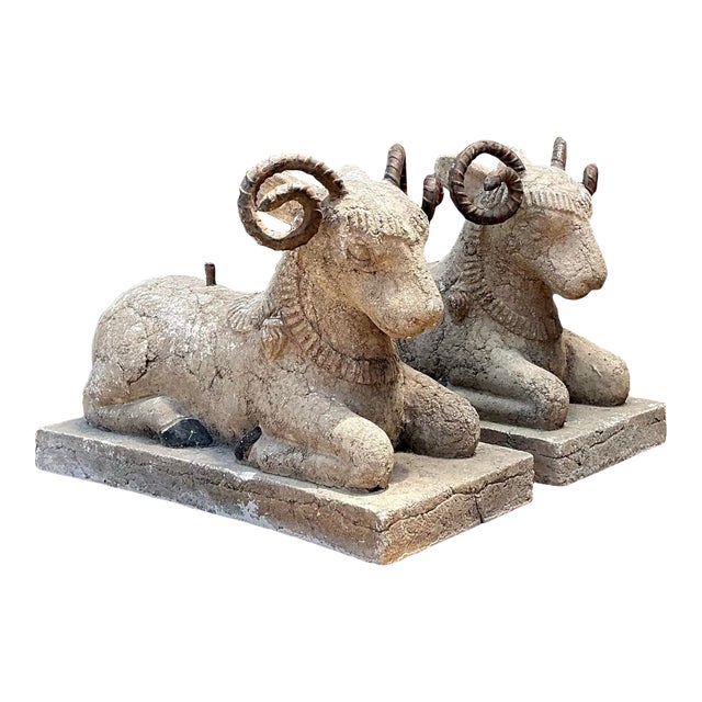 Vintage Plaster and Metal Ram Sculptures - Pair For Sale