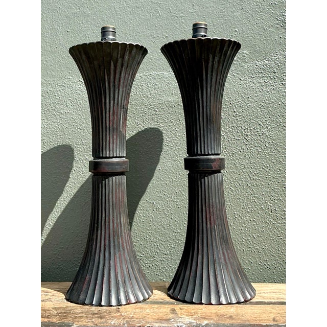 Vintage Patinated Fluted Metal Lamps - A Pair For Sale - Image 10 of 12