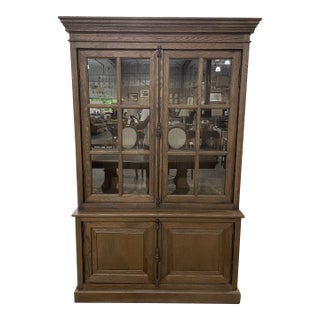 Restoration Hardware Dark Oak Glass-Front Hutch With Carved Detailing For Sale