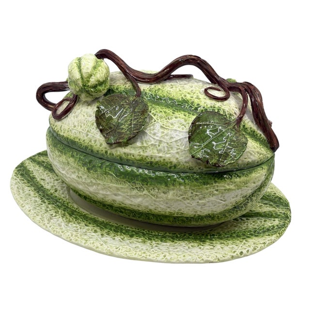 Italian Majolica cantaloupe/ watermelon large tureen with under-plate and ladle. 4 pieces come within this piece. Striking...
