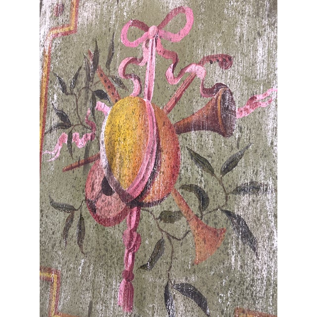 Pair of Large French Louis XVI Style Painted Oil on Wood Trophy Paintings For Sale - Image 9 of 10