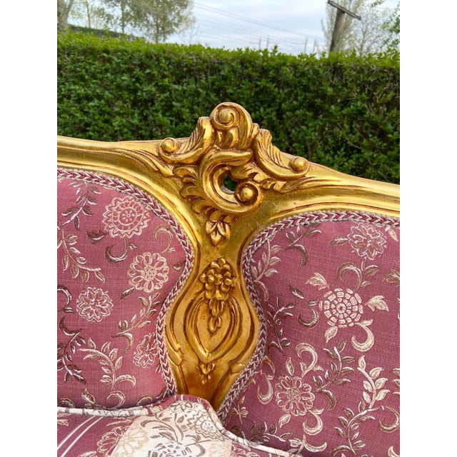 Gold 1970s French Louis XVI Gilt Beech Damask Sofa Set – 3 Pc For Sale - Image 8 of 18