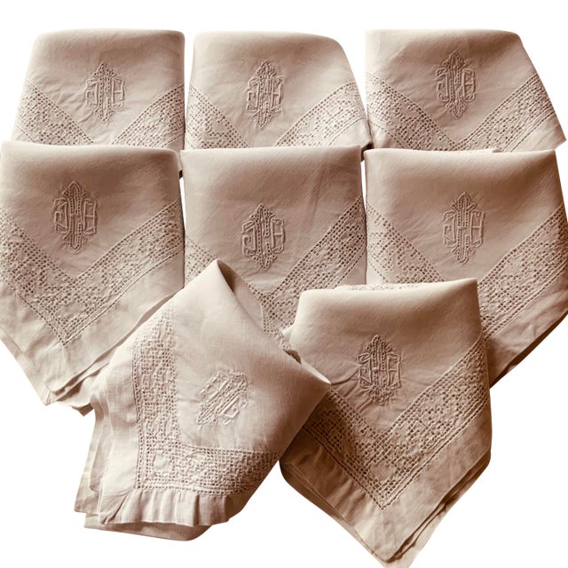 Exquisite Set of Eight c.1930 French Linen Trousseau Napkins With Art Nouveau Damask For Sale