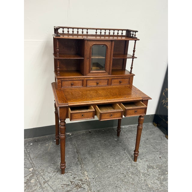 Quarter-Sawn Oak Secretary Desk + Gallery Top, Antique For Sale - Image 4 of 12