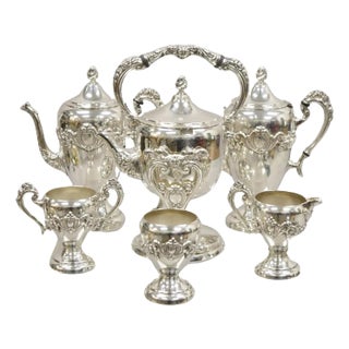 Vintage English Victorian Silver Plated Tea Set With Tilting Kettle - 6 Pieces For Sale