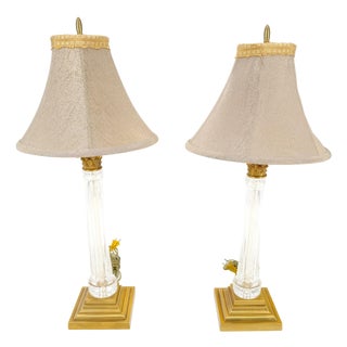 960'sPair of Crystal & Square Brass Bases Ornate Shades 25" Tall Table Lamps For Sale