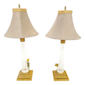 960'sPair of Crystal & Square Brass Bases Ornate Shades 25" Tall Table Lamps