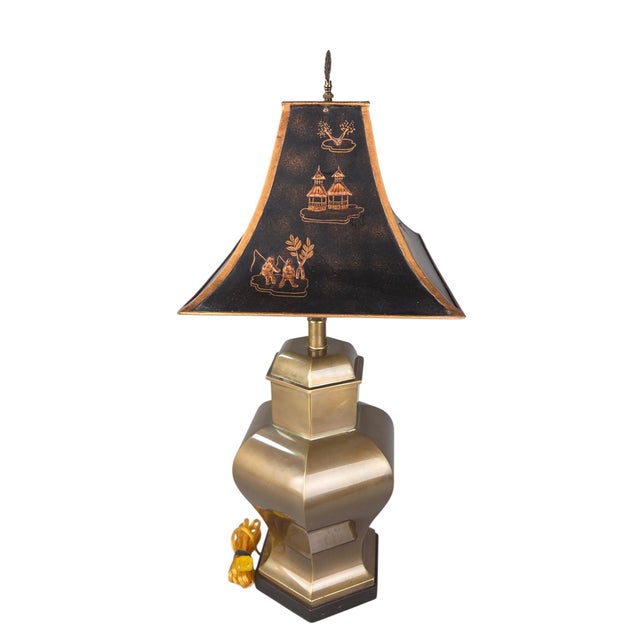 Vintage Frederick Cooper Hexagonal Brass Urn Lamp With Relief Chinoiserie Tole Shade For Sale In Chicago - Image 6 of 12