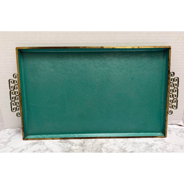 Mid-Century Modern Midcentury Modern Turquoise Decor Tray With Gold Handles For Sale - Image 3 of 7