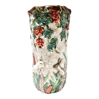 Antique Majolica Umbrella Stand With Rabbits & Grapevines, Victorian Floor Vase For Sale