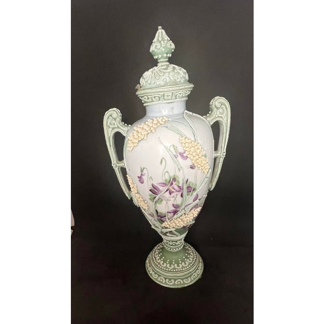 Antique Nippon Hand-Painted Moriage Covered Urn Vase – 13” For Sale - Image 4 of 12