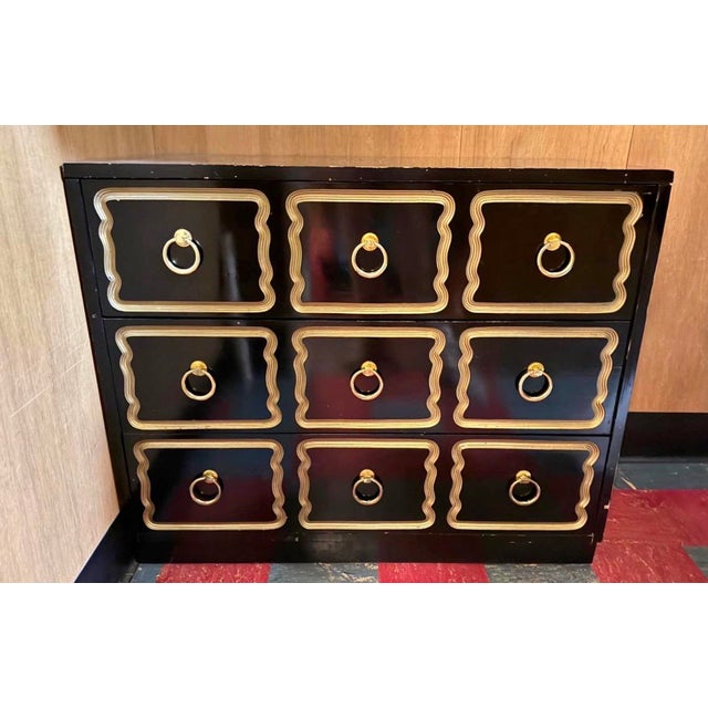 1950’s Attributed to Dorothy Draper Espana Line Mid Century Modern Chest of Drawers. Black Lacquer Made of Cherry For Sale In New York - Image 6 of 14