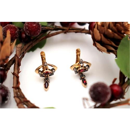 Gold Earrings with Diamond Chips and Garnets Inlaid, Set of 2 For Sale - Image 6 of 6