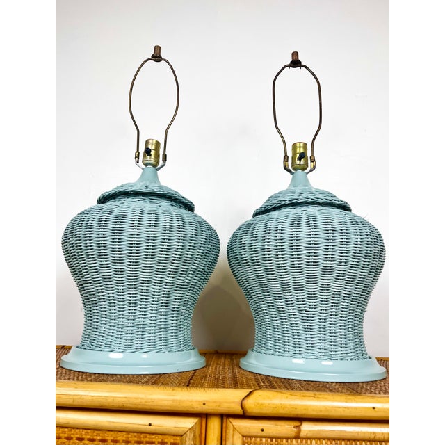 Blue Newly Lacquered Vintage Wicker Lamps- A Pair For Sale - Image 8 of 8