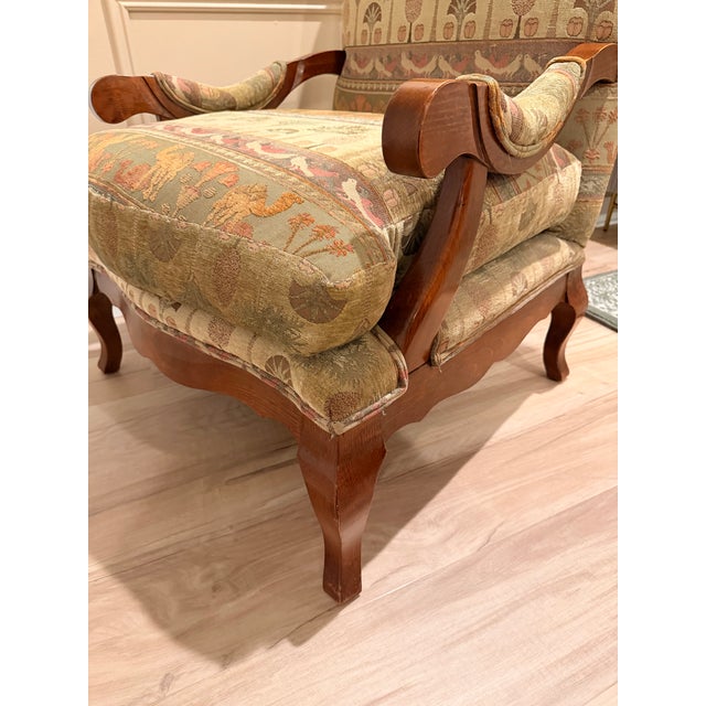Vintage Fairfield accent chair upholstered in whimsical Anglo-Indian inspired tapestry featuring camels, palms, birds, and...