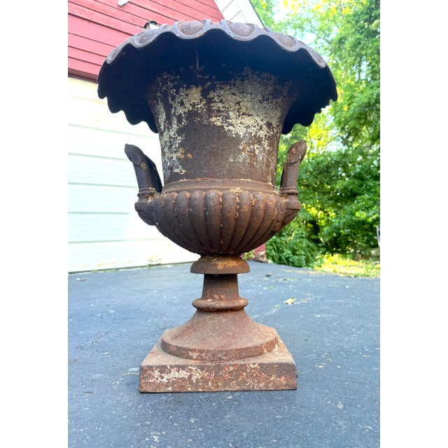 Victorian Huge Antique Late Victorian French Heavy Cast Iron Outdoor Planter Urn W/ Handle For Sale - Image 3 of 17