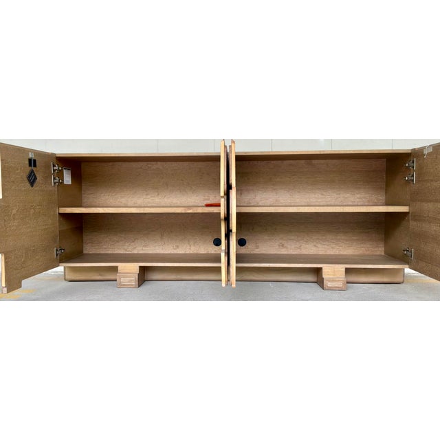 Original retail $7461, stylish Revelation Modern Brutalist Style Cerused Oak Parcel Sideboard, four doors, two shelves,...