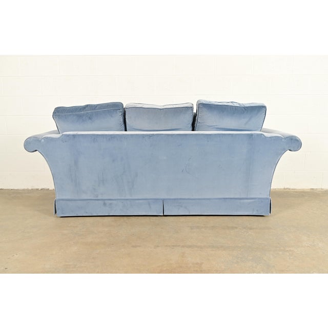 Baker Furniture Blue Velvet Upholstered Roll Arm Sofa For Sale - Image 11 of 13