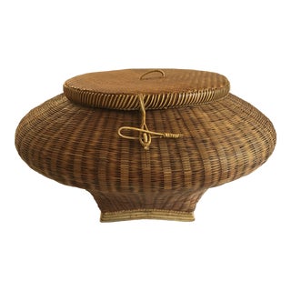 Vintage Oversized Woven Bamboo Lidded Storage Basket For Sale