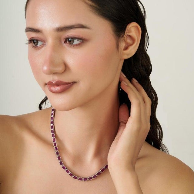 Antique Style 40.41ct Natural Ruby Line Necklace for Women in 925 Silver For Sale - Image 6 of 12