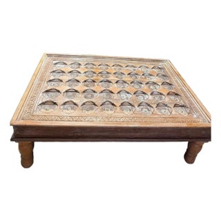 Rustic Modern Carved Chai Coffee Table – Mid Century Whitewashed Wood Accent Table 54 For Sale