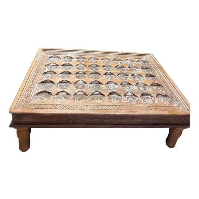 Rustic Modern Carved Chai Coffee Table – Mid Century Whitewashed Wood Accent Table 54 For Sale