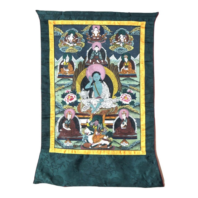 Antique Tibetan Hand Painted Silk and Canvas Thangka with Figures, Circa 1920 For Sale