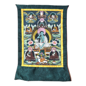 Antique Tibetan Hand Painted Silk and Canvas Thangka with Figures, Circa 1920