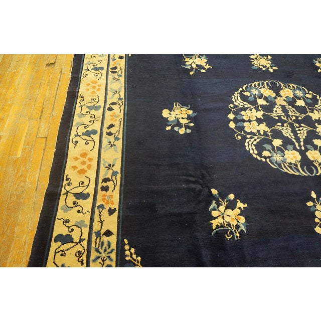 Navy Blue 1920s Classic Floral Medallion Navy Blue Background Antique Chinese Peking Rug For Sale - Image 8 of 10