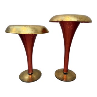Pair of Alan Lee Collection Metallic Red & Gold Leaf Glass Trumpet Vases - Staggered Set For Sale
