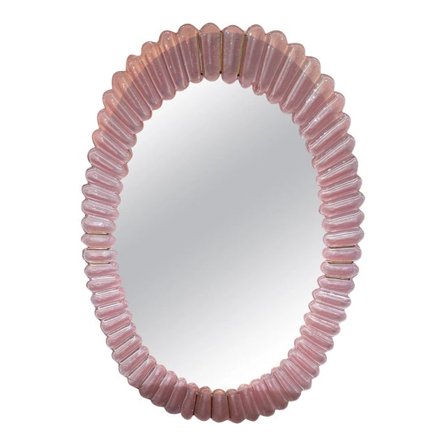Oval Pink Murano Glass Mirrors with Brass For Sale