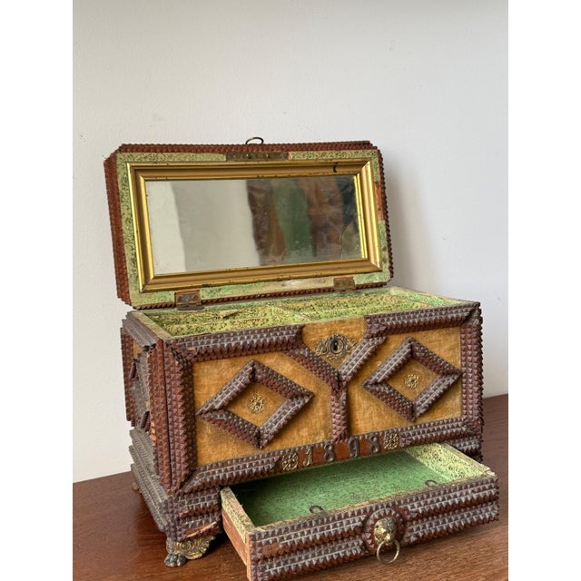 Antique Tramp Art Jewelry Box 1898, Hand Carved Wooden Chest With Mirror, Folk Art Keepsake Box, Victorian Trinket Box, Lion Pull For Sale - Image 11 of 14