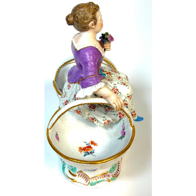 White Meissen Rococo Figural Sweetmeat Dish Seated Maiden with Twin Floral Baskets For Sale - Image 8 of 13