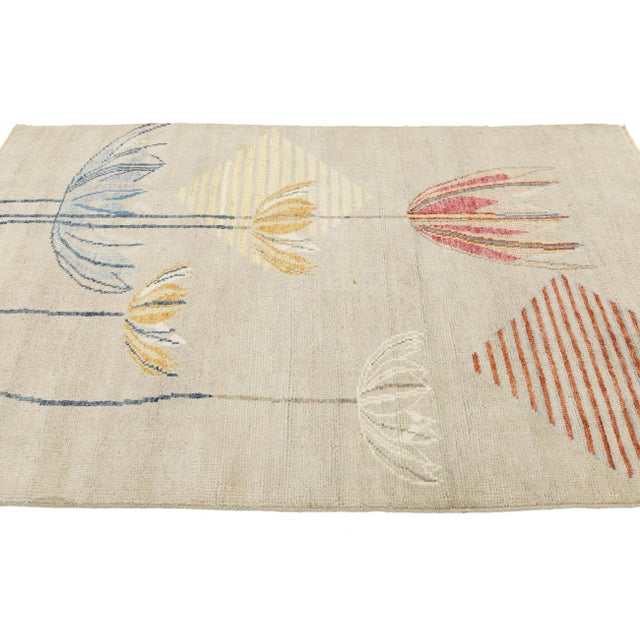 4x6 Modern Art Deco Floral Wool Rug Hand-Knotted Contemporary Area Rug For Sale In New York - Image 6 of 9