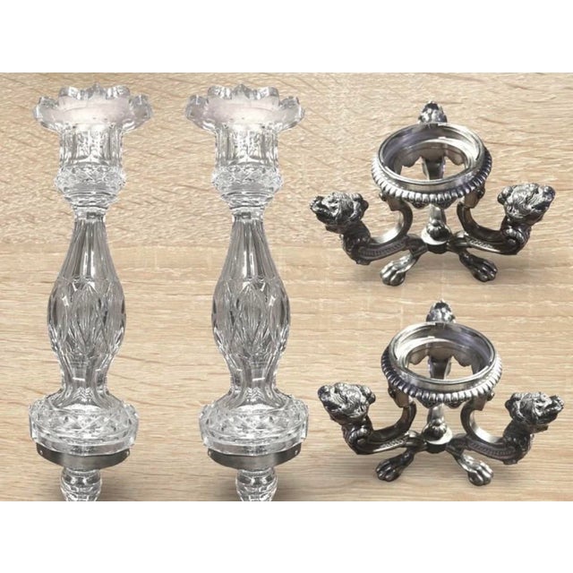 Metal 1940’s-1970’s Hollywood Regency Vintage Crystal Bowl W/Stand & Vintage Pairpoint Silverplate Crystal Candlesticks Cherub Claw Foot For Sale - Image 7 of 9