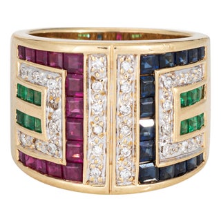 70s Gemstone Diamond Cigar Band 14k Yellow Gold 15mm Wide Ring Sz 6 Jewelry For Sale