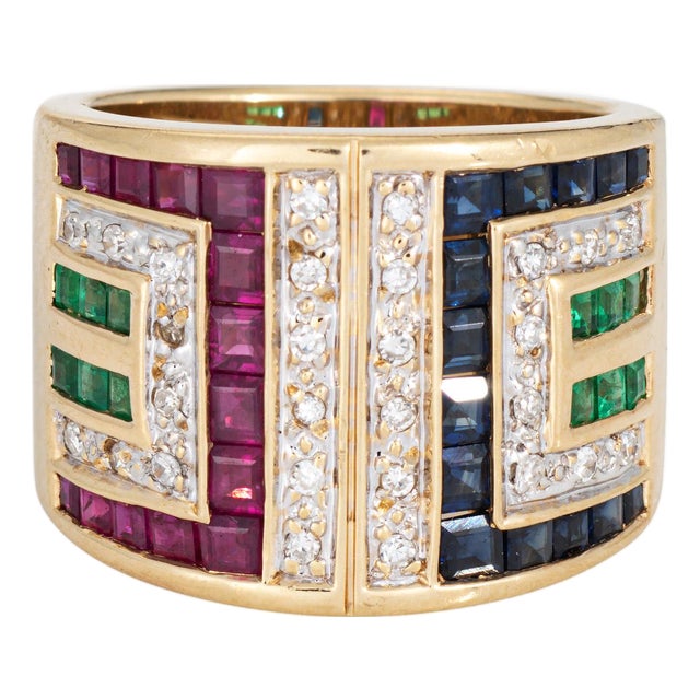 70s Gemstone Diamond Cigar Band 14k Yellow Gold 15mm Wide Ring Sz 6 Jewelry For Sale