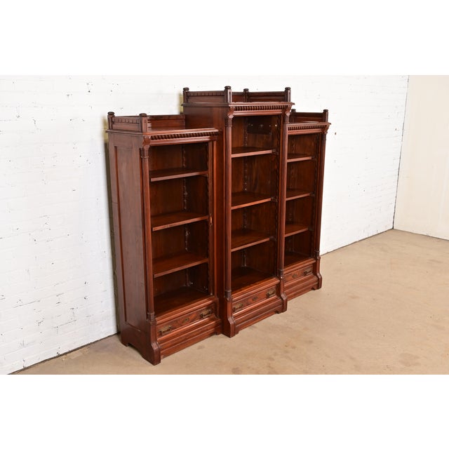 Herter Brothers Herter Brothers Style Antique Eastlake Victorian Carved Walnut and Burl Wood Triple Bookcase, Circa 1880s For Sale - Image 4 of 11