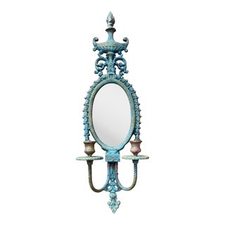 1930s French Solid Verdigris Brass Mirrored Double Candle Wall Sconce Original Antique Glass For Sale