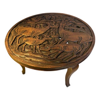 Popular Art Circular Coffee Table in Carved Wood, 1930s-1940s For Sale