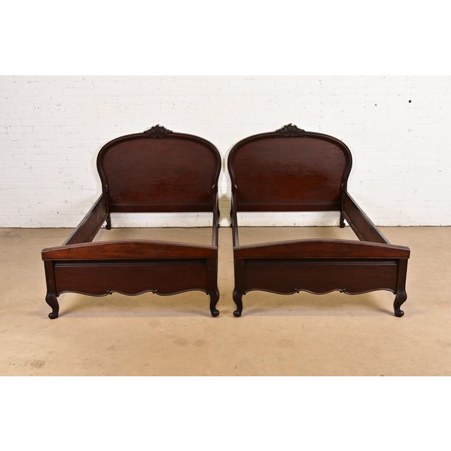 French Provincial Romweber Style Antique French Provincial Louis XV Carved Mahogany Twin Beds, Pair For Sale - Image 3 of 9